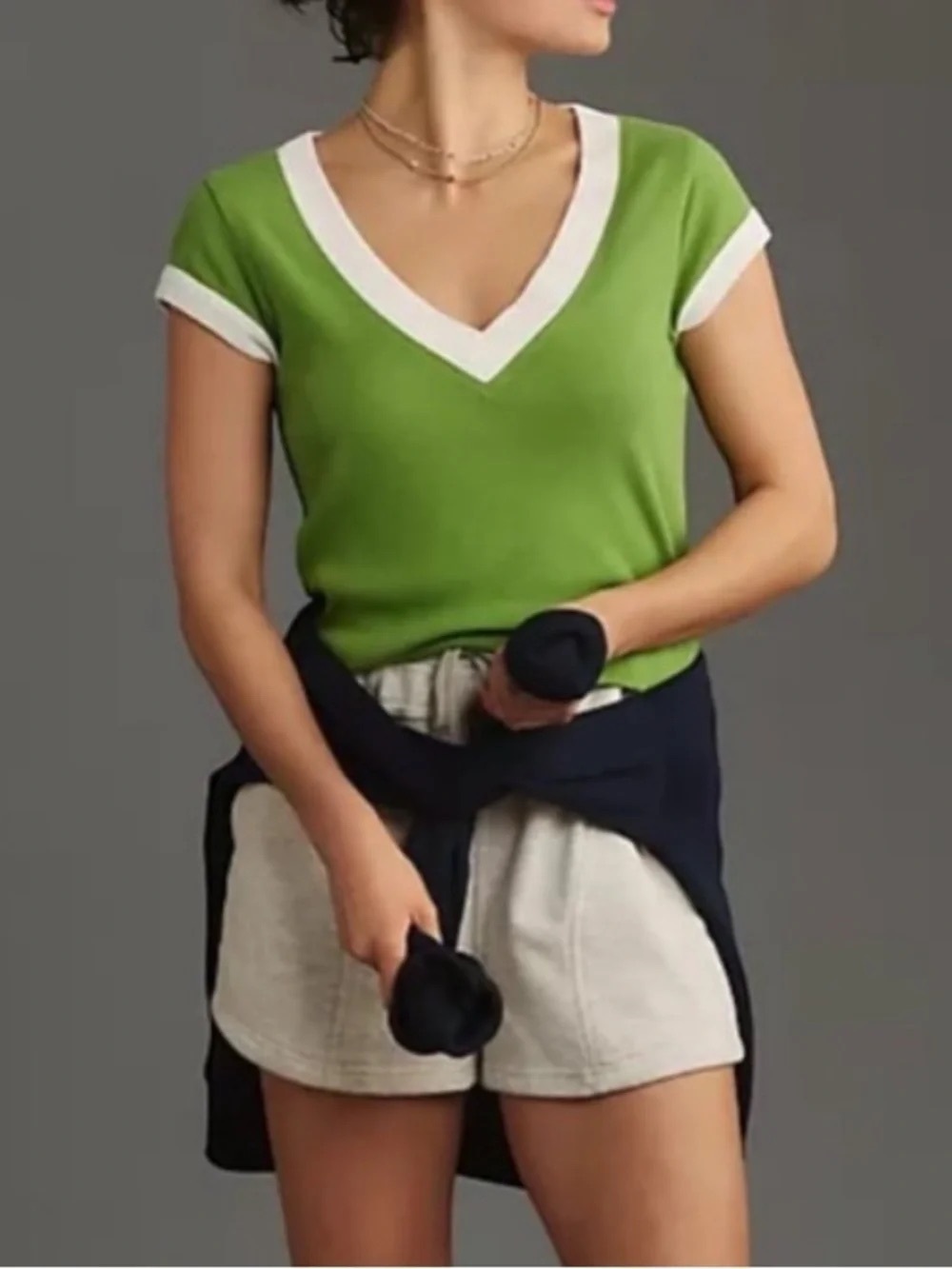Pilcro Lime Green V-Neck Top with White Trim